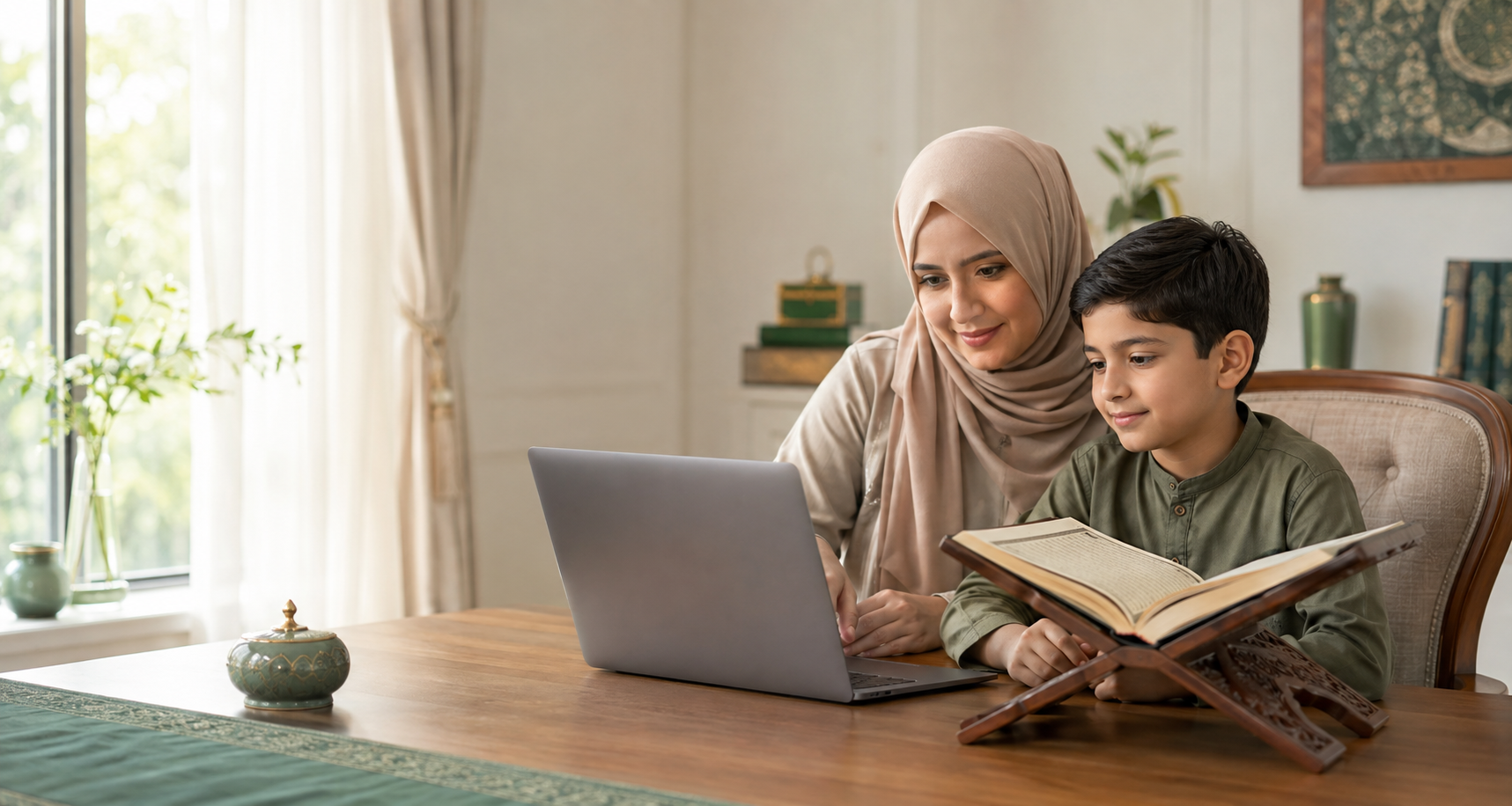 A mother and child learning the Quran together online