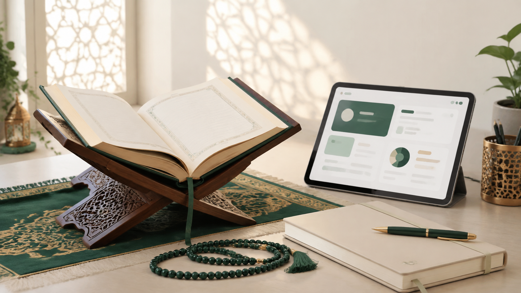 Quran and digital learning tools on a study desk